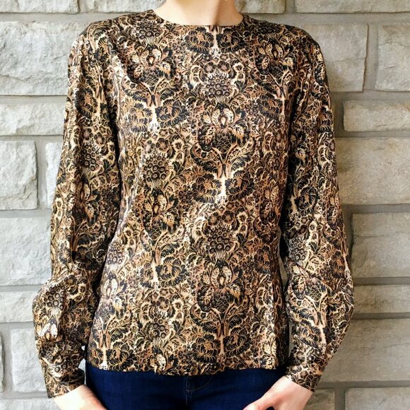 Vintage 100% Silk Gold & Black 'Baroque' Print Blouse - Picture 2 of 6
